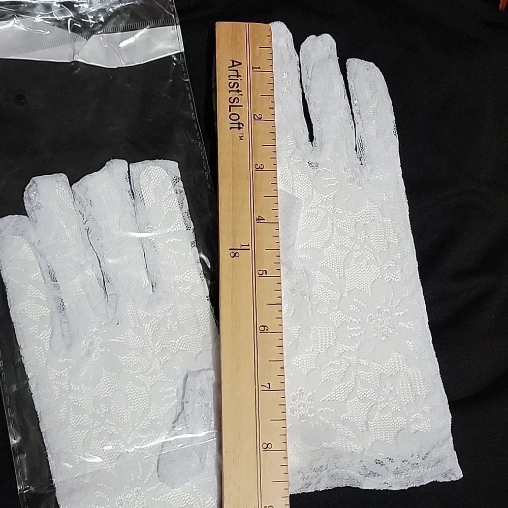 New Sheer Floral Bridal Gloves White Tulle Mesh Ruffle Cosplay Dress Up Stretch